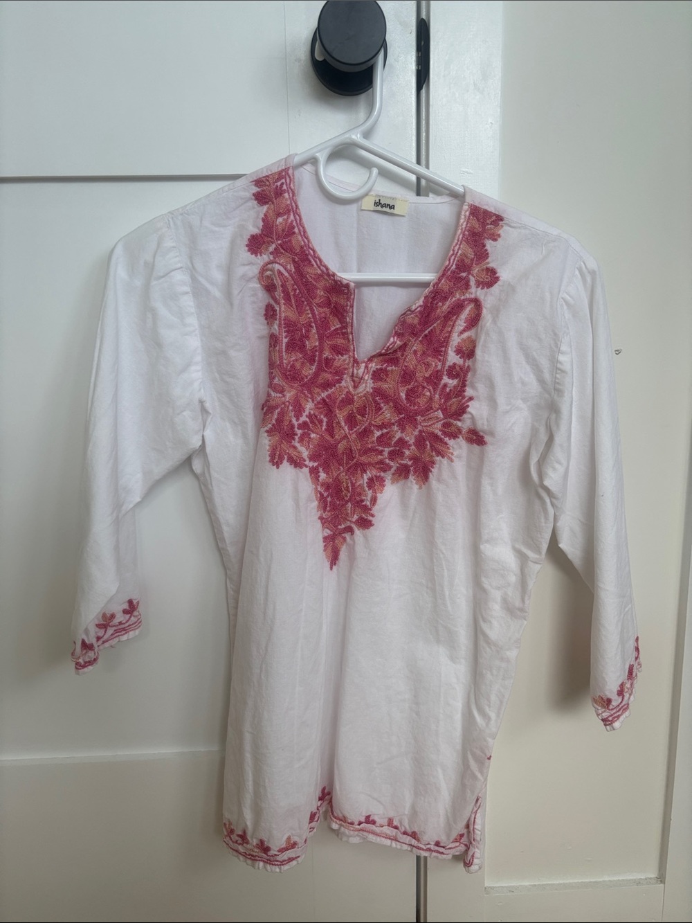 Embroidered White Tunic Top with Pink Detail